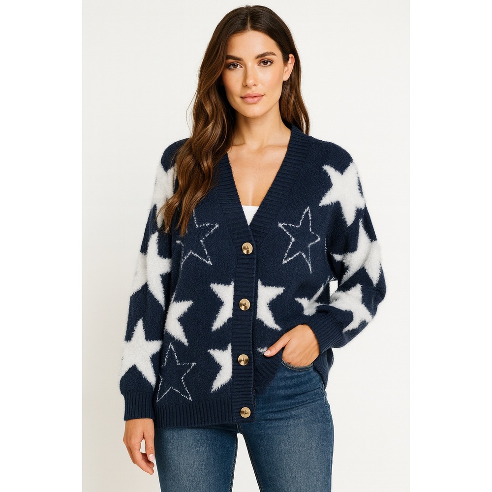 Coeur de‎ Vague Cardigan Womens XL Blue Stars Celestial Cozy Faux Fur Sweater